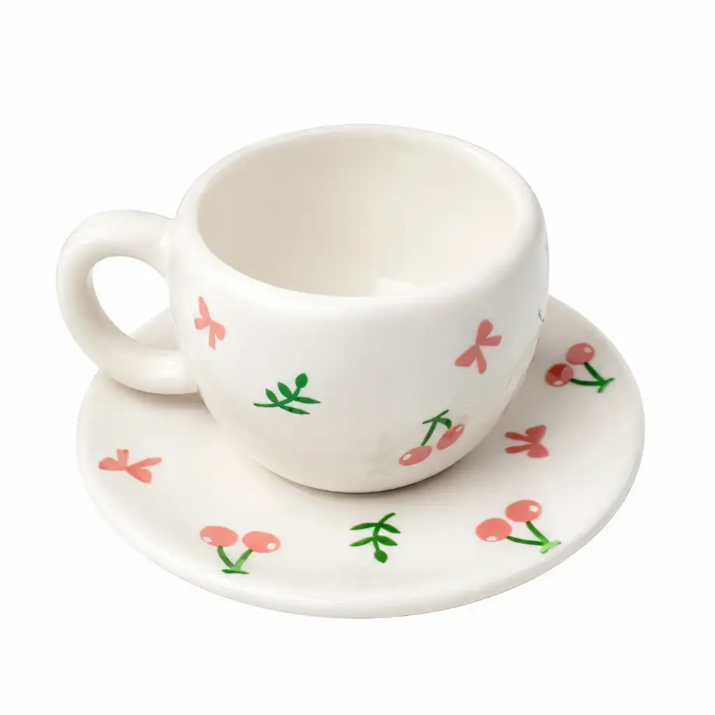 Coffee cup with saucer - cherry